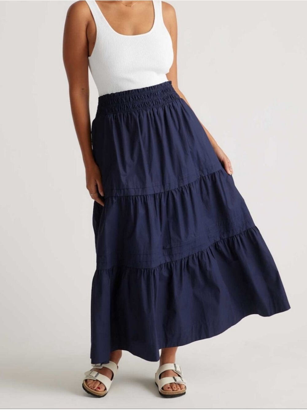 Quince cotton poplin tiered maxi skirt navy blue smocked waist medium